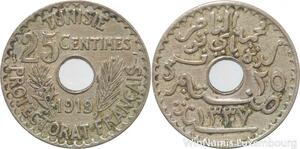 R8485 Tunisia 25 Centimes Muhammad al-Nasir Bey AH 1337 1919 Paris
