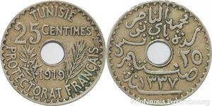 R8486 Tunisia 25 Centimes Muhammad al-Nasir Bey AH 1337 1919 Paris