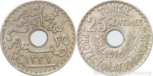 R8488 Tunisia 25 Centimes Muhammad al-Nasir Bey AH 1337 1919 Paris