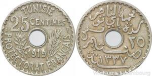 R8489 Tunisia 25 Centimes Muhammad al-Nasir Bey AH 1337 1919 Paris