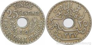 R8490 Tunisia 25 Centimes Muhammad al-Nasir Bey AH 1337 1919 Paris
