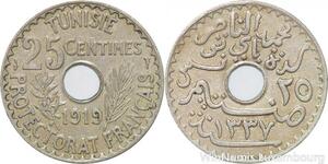 R8491 Tunisia 25 Centimes Muhammad al-Nasir Bey AH 1337 1919 Paris