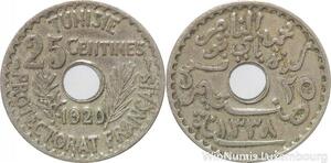 R8492 Tunisia 25 Centimes Muhammad al-Nasir Bey AH 1338 1920 Paris
