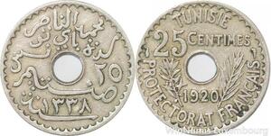 R8493 Tunisia 25 Centimes Muhammad al-Nasir Bey AH 1338 1920 Paris