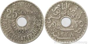 R8494 Tunisia 25 Centimes Muhammad al-Nasir Bey AH 1338 1920 Paris