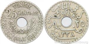 R8496 Tunisia 25 Centimes Muhammad al-Nasir Bey AH 1338 1920 Paris