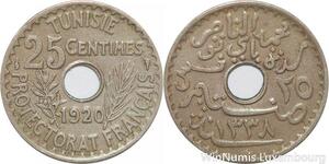 R8497 Tunisia 25 Centimes Muhammad al-Nasir Bey AH 1338 1920 Paris