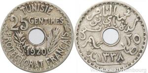 R8498 Tunisia 25 Centimes Muhammad al-Nasir Bey AH 1338 1920 Paris