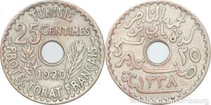 R8499 Tunisia 25 Centimes Muhammad al-Nasir Bey AH 1338 1920 Paris