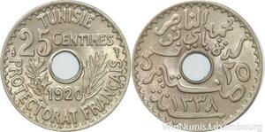 R8500 Tunisia 25 Centimes Muhammad al-Nasir Bey AH 1338 1920 Paris UNC