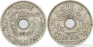 R8501 Tunisia 25 Centimes Muhammad al-Nasir Bey AH 1338 1920 Paris