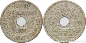 R8502 Tunisia 25 Centimes Muhammad al-Nasir Bey AH 1338 1920 Paris