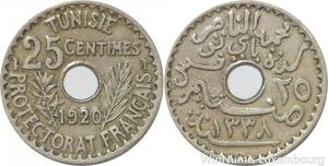 R8505 Tunisia 25 Centimes Muhammad al-Nasir Bey AH 1338 1920 Paris