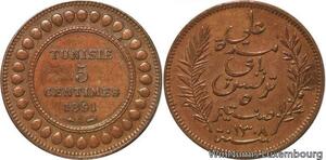 R8544 Tunisia 5 Centimes Muhammad al-Nasir Bey AH 1308 1891 A Paris AU >M Offer
