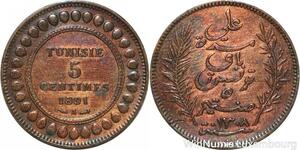 R8553 Tunisia 5 Centimes Muhammad al-Nasir Bey AH 1308 1891 A Paris > Make offer