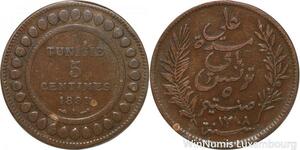 R8555 Tunisia 5 Centimes Muhammad al-Nasir Bey AH 1308 1891 A Paris > Make offer