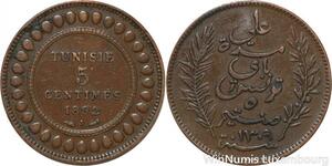 R8557 Tunisia 5 Centimes Muhammad al-Nasir Bey AH 1309 1892 A Paris > Make offer