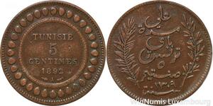 R8560 Tunisia 5 Centimes Muhammad al-Nasir Bey AH 1309 1892 A Paris > Make offer