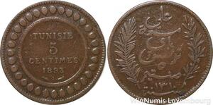 R8564 Tunisia 5 Centimes Muhammad al-Nasir Bey AH 1310 1893 A Paris > Make offer