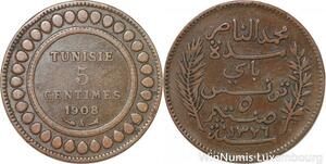 R8594 Tunisia 5 Centimes Muhammad al-Nasir Bey AH 1326 1908 A Paris > Make offer