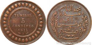 R8605 Tunisia 5 Centimes Muhammad al-Nasir Bey AH 1330 1912 A Paris > Make offer