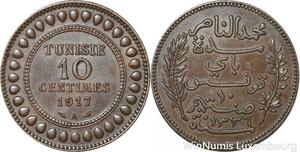 R8612 Tunisia 10 Centimes Muhammad al-Nasir Bey AH 1336 1917 A Paris AU >Offer