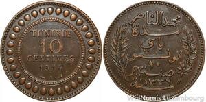 R8634 Tunisia 10 Centimes Muhammad al-Nasir Bey AH 1332 1914 A Paris AU >Offer