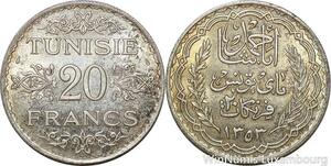 R8717 Tunisia 20 Francs Ahmad Pasha French Protectorat 1353 1935 Paris Silver AU