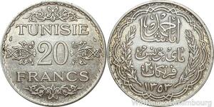 R8719 Tunisia 20 Francs Ahmad Pasha French Protectorat AH 1353 1935 Paris Silver
