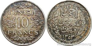 R8722 Tunisia 10 Francs Ahmad Pasha French Protectorat AH 1353 1935 Paris Silver