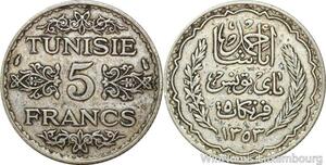 R8725 Tunisia 5 Francs Ahmad Pasha French Protectorat AH 1353 1935 Paris Silver