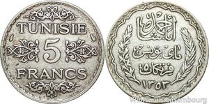 R8726 Tunisia 5 Francs Ahmad Pasha French Protectorat AH 1353 1935 Paris Silver