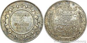R8728 Tunisia 2 Francs Muhammad al-Nasir Bey AH 1334 1915 A Paris Silver ->Offer