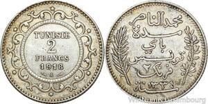 R8729 Tunisia 2 Francs Muhammad al-Nasir Bey AH 1334 1916 A Paris Silver ->Offer