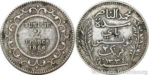 R8734 Tunisia 2 Francs Muhammad al-Nasir Bey AH 1334 1916 A Paris Silver ->Offer