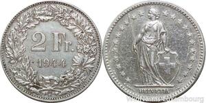 R8777 Switzerland 2 Francs Helvetia 1944 B Berne Silver AU -> Make offer