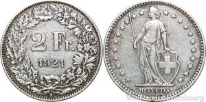 R8779 Switzerland 2 Francs Helvetia 1921 B Berne Silver -> Make offer