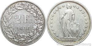 R8785 Switzerland 2 Francs Helvetia 1906 B Berne Silver -> Make offer