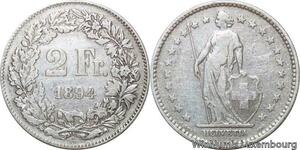 R8794 Switzerland 2 Francs Helvetia 1894 A Paris Silver -> Make offer