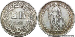 R8796 Switzerland 2 Francs Helvetia 1911 B Berne Silver AU -> Make offer