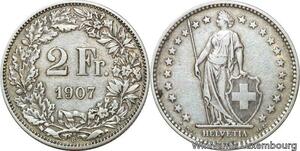 R8798 Switzerland 2 Francs Helvetia 1907 B Berne Silver -> Make offer