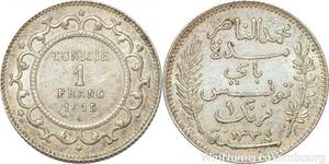 R8829 Tunisia 1 Franc Muhammad al-Hadi Bey AH 1334 1915 A Paris Silver UNC