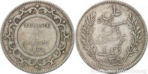 R8830 Tunisia 1 Franc Muhammad al-Hadi Bey AH 1309 1892 A Paris Silver >M Offer
