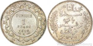 R8831 Tunisia 1 Franc Muhammad al-Hadi Bey AH 1334 1915 A Paris Silver AU >Offer