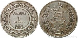 R8832 Tunisia 1 Franc Muhammad al-Hadi Bey AH 1308 1891 A Paris Silver >M Offer