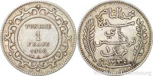 R8833 Tunisia 1 Franc Muhammad al-Hadi Bey AH 1334 1916 A Paris Silver >M Offer