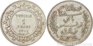 R8834 Tunisia 1 Franc Muhammad al-Hadi Bey AH 1329 1911 A Paris Silver >M Offer