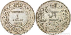 R8835 Tunisia 1 Franc Muhammad al-Hadi Bey AH 1335 1917 A Paris Silver >M Offer