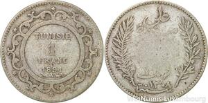 R8837 Tunisia 1 Franc Muhammad al-Hadi Bey AH 1308 1891 A Paris Silver >M Offer