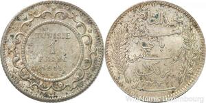 R8839 Tunisia 1 Franc Muhammad al-Hadi Bey AH 1334 1915 A Paris Silver AU >Offer